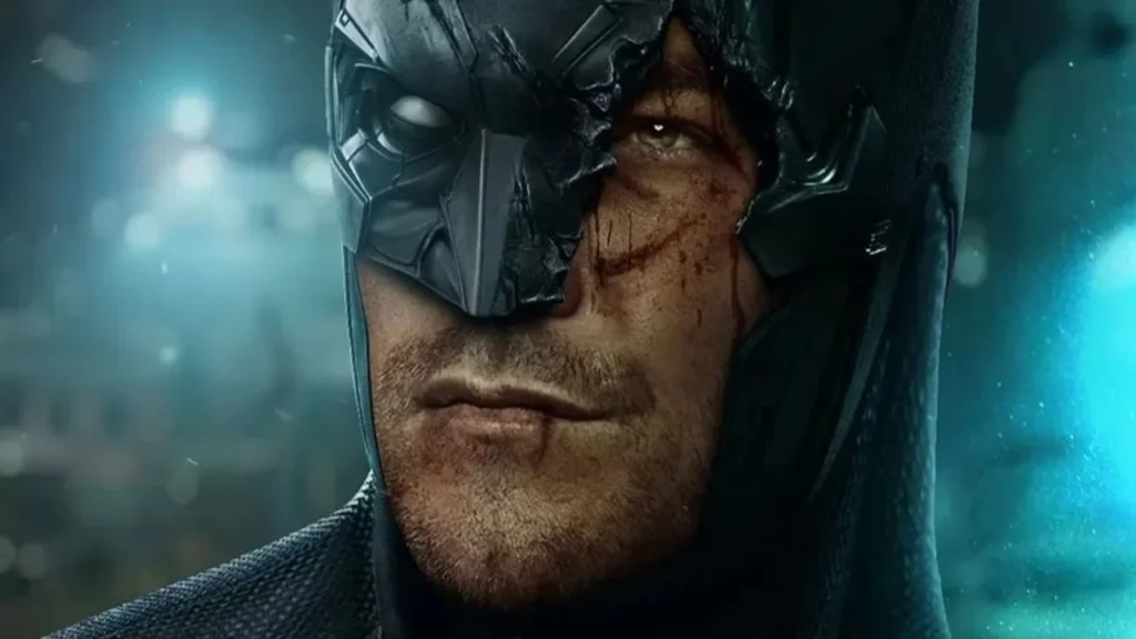 close up shot of alan ritchson s bloody face in a broken batman helmet in dcu fan art