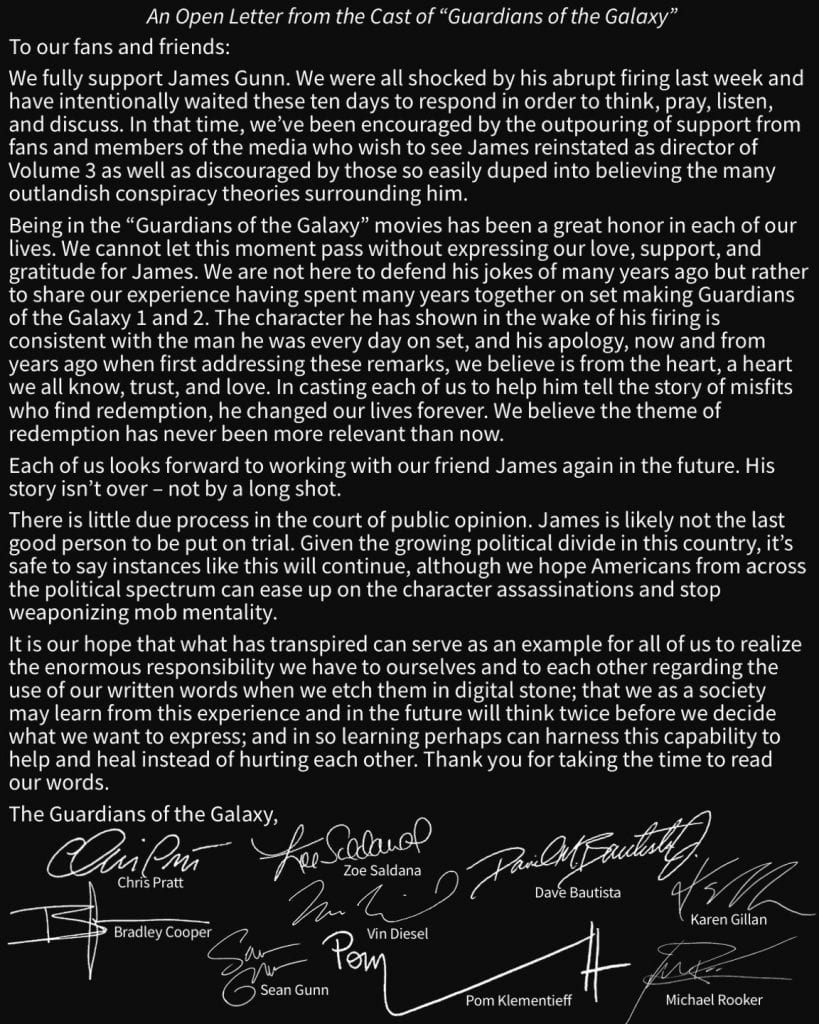 carta james gunn guardianes galaxia
