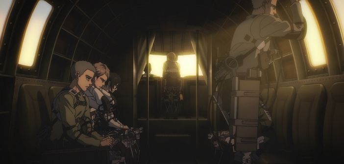 Protagonistas de Ataque a los titanes en un avión